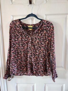 Maeve Black Floral Romantic Boho Button-Front Blouse with Pink Flowers, large